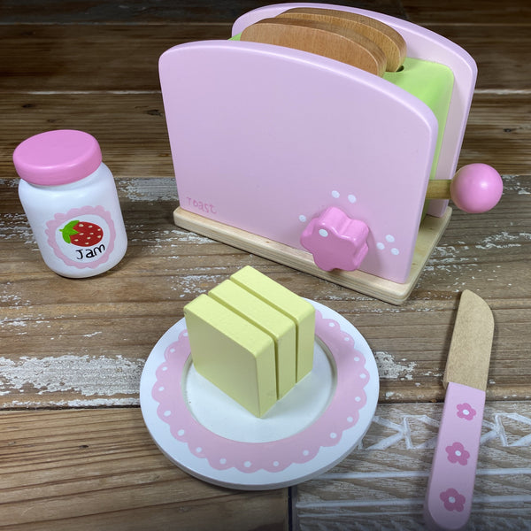 Wooden Play Food Toy Pop-Up Pink Toaster Set