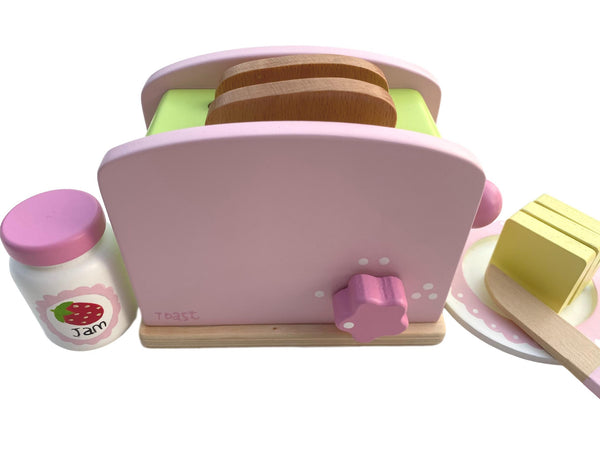 Wooden Play Food Toy Pop-Up Pink Toaster Set