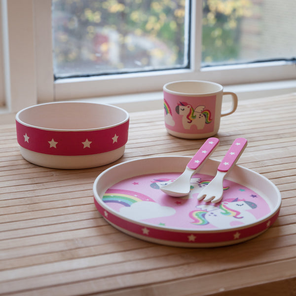 5 Piece RAINBOW UNICORN Kids Bamboo Dinner Set