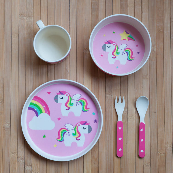 5 Piece RAINBOW UNICORN Kids Bamboo Dinner Set