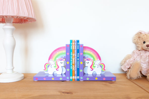 Childrens Rainbow Unicorn Wooden Bookends