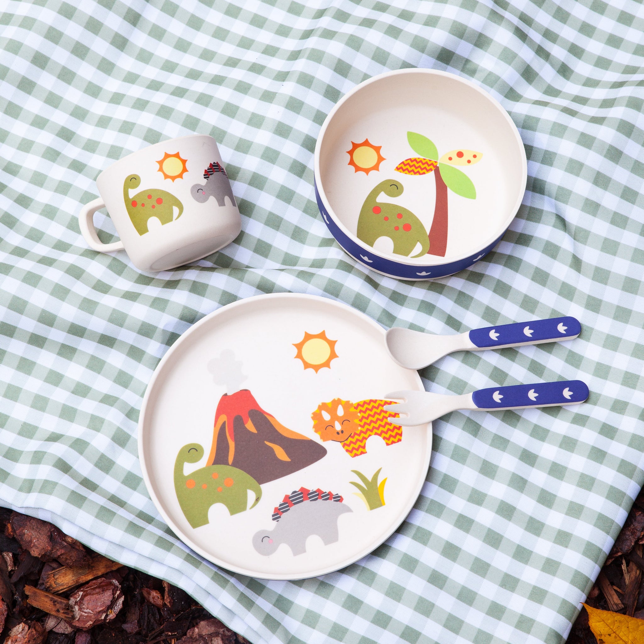 5 Piece DINOSAUR Kids Bamboo Dinnerware Set