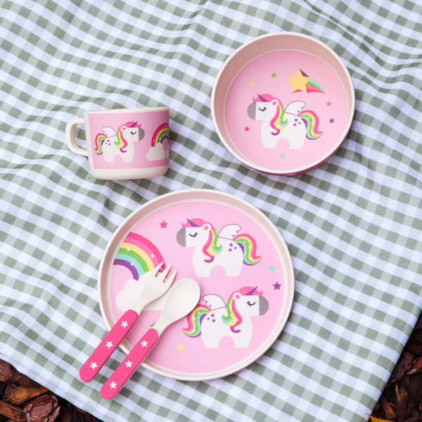 5 Piece RAINBOW UNICORN Kids Bamboo Dinner Set