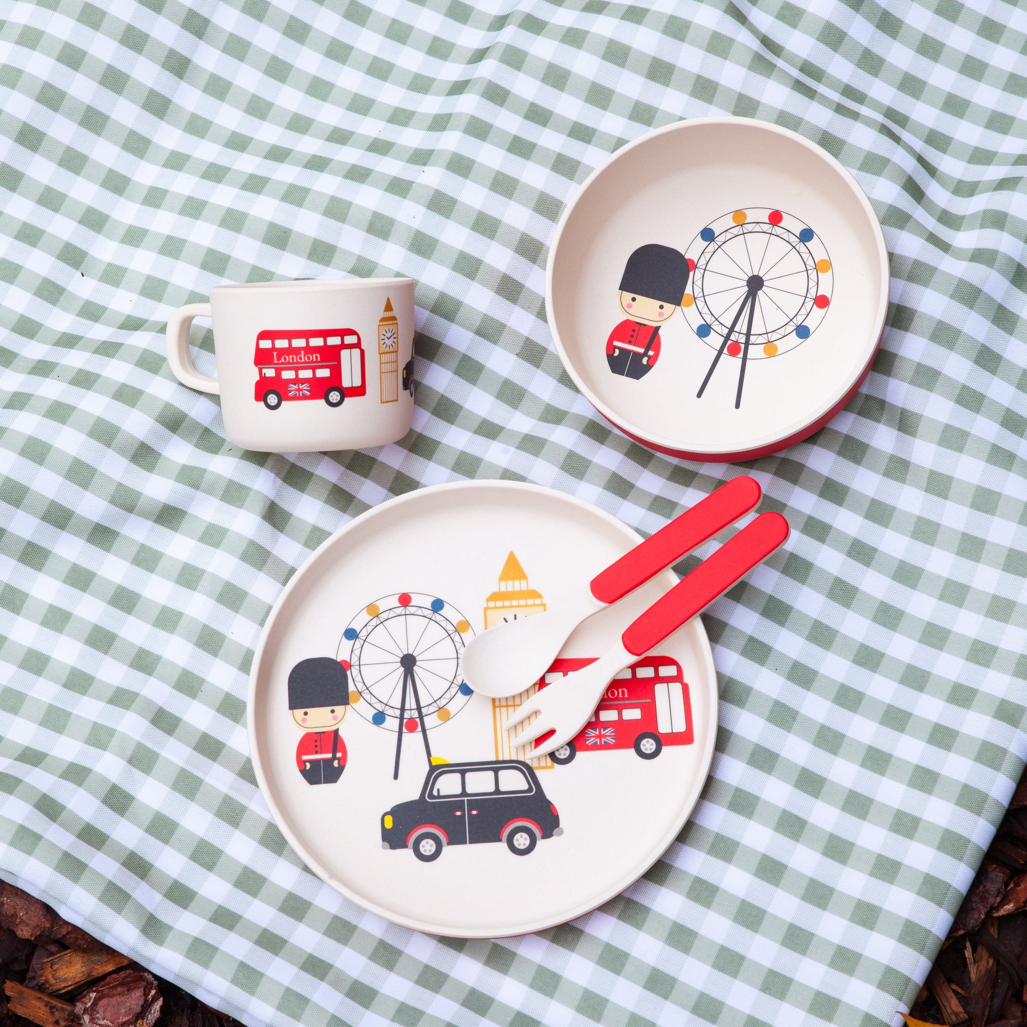 5 Piece LONDON Bus Kids Bamboo Dinner Set