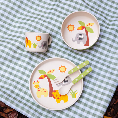 5 Piece SAFARI ANIMALS Kids Bamboo Dinnerware Set