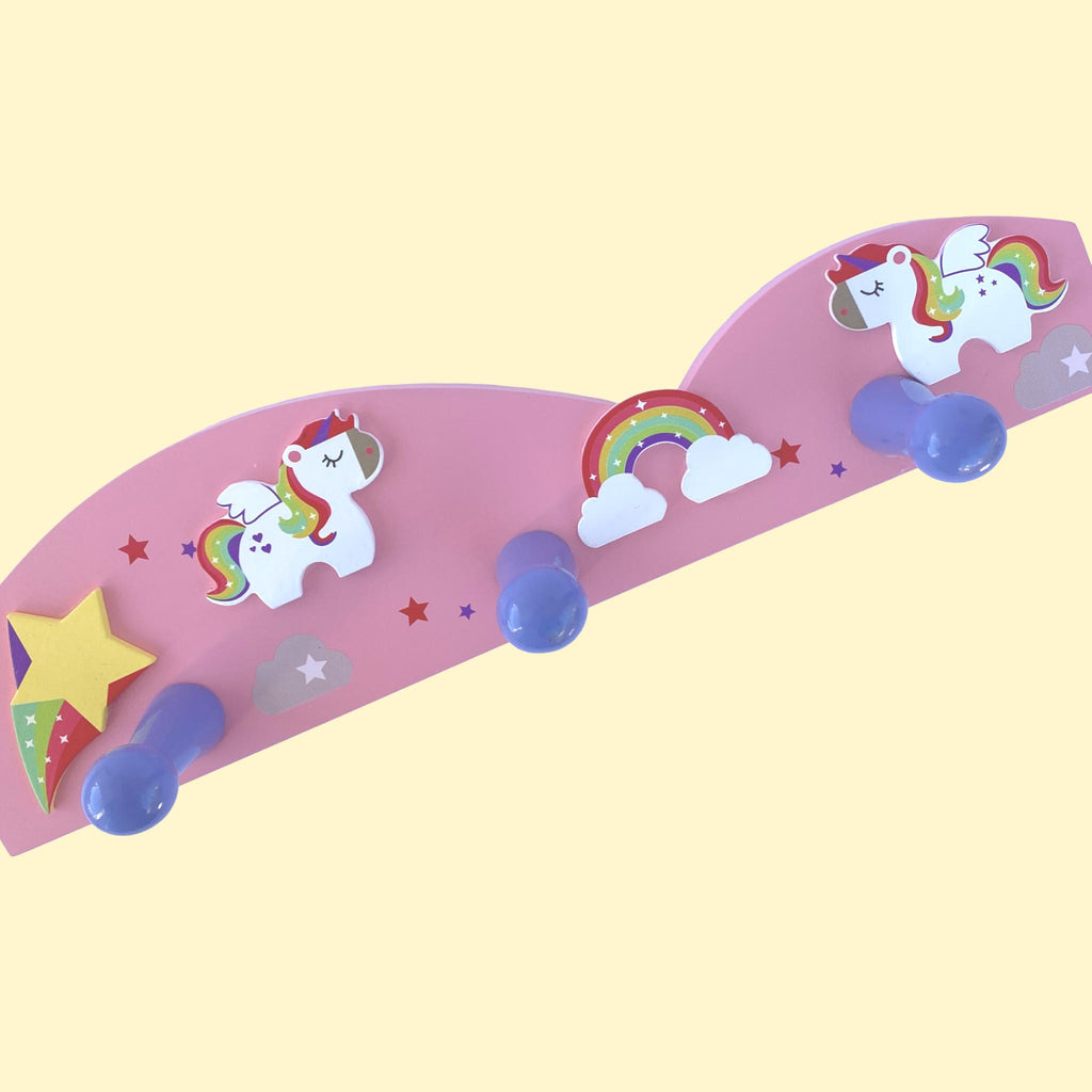 Childrens Wooden RAINBOW UNICORN & Shooting Star Coat Rack by Tinkie