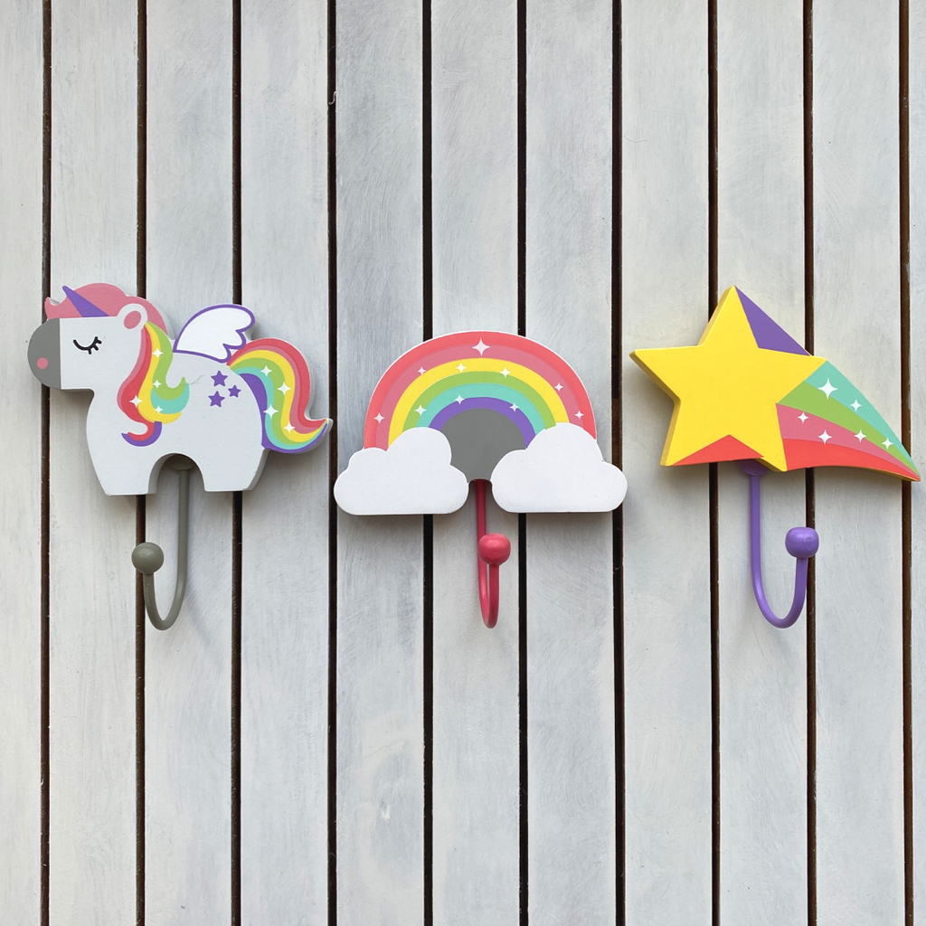 Childrens Set of 3 RAINBOW UNICORN Shooting Star Coat Hooks TinkieToys