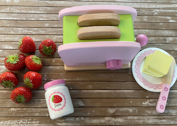 Wooden Play Food Toy Pop-Up Pink Toaster Set