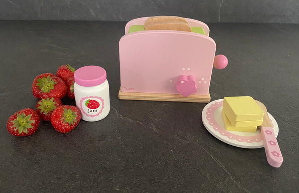 Wooden Play Food Toy Pop-Up Pink Toaster Set