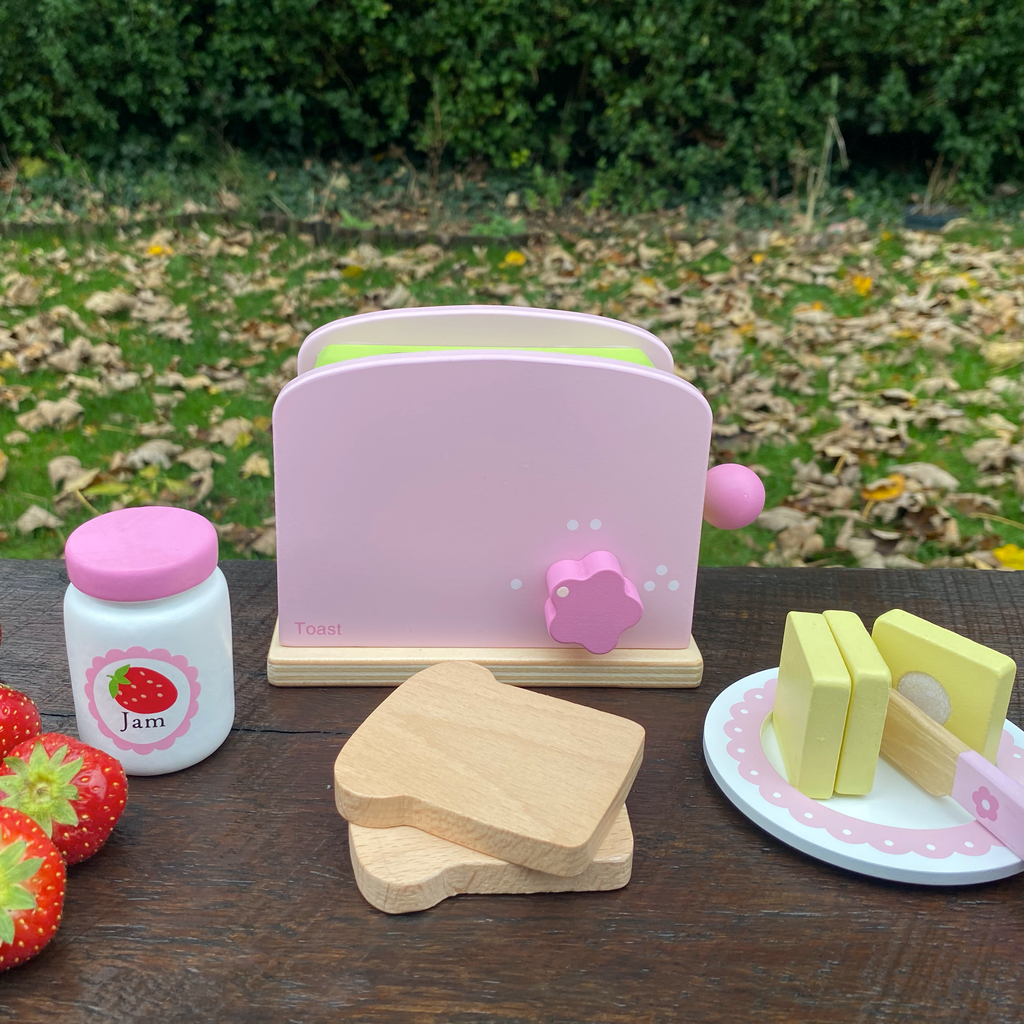 Wooden Play Food Toy Pop Up Pink Toaster Breakfast Set by Tinkie