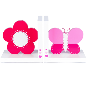 Kids Pink Flower & Butterfly White Wooden Bookends