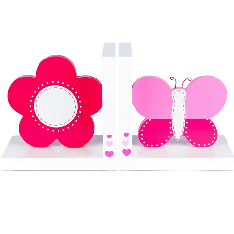 Kids Pink Flower & Butterfly White Wooden Bookends