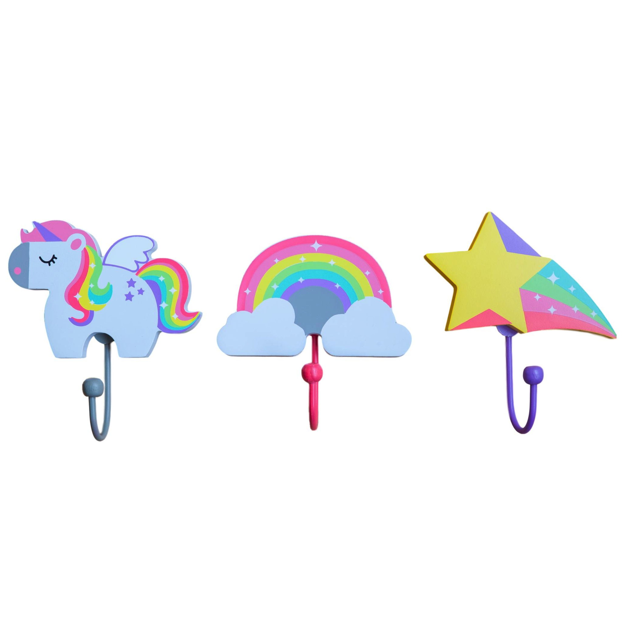 Childrens Set of 3 RAINBOW UNICORN Shooting Star Coat Hooks TinkieToys